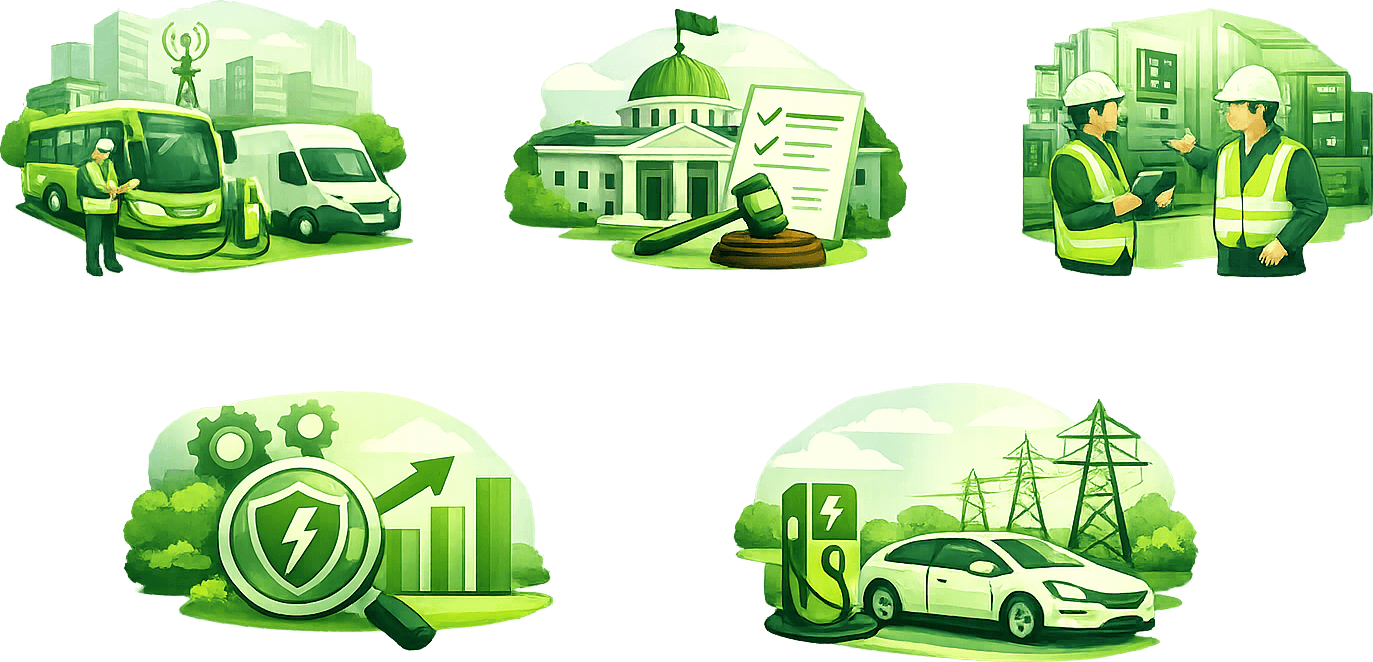 Illustrations of electric transit, government policy, industrial operations, energy analysis, and EV charging infrastructure.